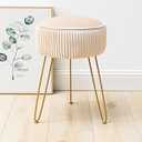 LUE BONA Pleated Vanity Stool, Velvet Upholstered Round Modern Stool for Makeup Room, Ottoman Footrest with Metal Legs for Living Room, Bedroom, Champagne