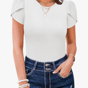 MISSJOY Womens Sexy Short Sleeve Bodysuits Crew Neck Ribbed Petal Sleeve Leotards Tops, Size L