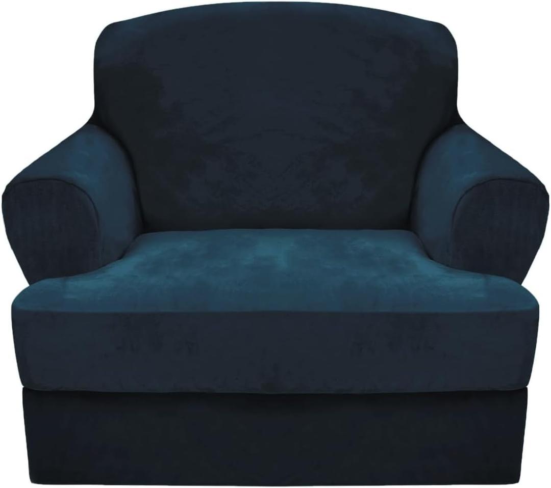 CUCRAF T Cushion Sofa Cover 2 Piece Armchair Slipcovers, Soft Thick Velvet Couch Cover for Living Room, Washable High Stretch Furniture Protector with 1 Cushion Chair Slipcover (Chair, Peacock Blue)