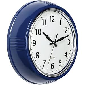 Bernhard Products Retro Wall Clock 9.5 Inch Navy Blue Kitchen 50's Vintage Design Round Silent Non Ticking Quality Quartz Battery Operated Easy to Read Decorative Clocks for Home Office Living Room, Navy Blue