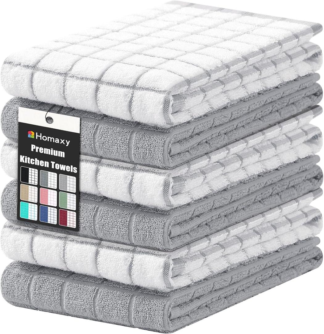 Homaxy Premium Cotton Kitchen Towels 16"x 28", Large Natural Ring Spun 390 GSM Dish Towels, Super Absorbent Terry Kitchen Hand Towels, Soft Tea Towels with Hanging Loop, Light Grey Check, 6 Pack