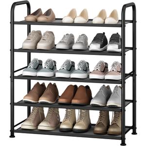 STO STO 5-Tier Shoe Rack with Sturdy Mesh Shelves, Heavy Duty Metal Shoe Organizer for Entryway, Closet, Garage, Front Door, Holds 15 Pairs, Free Standing Shoe Storage Shelf, Adjustable Feet, Black