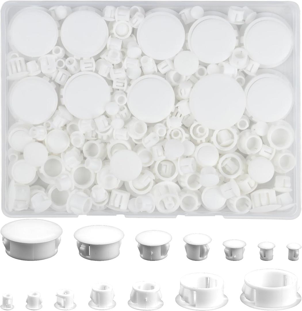 Plastic Hole Plugs, 180pcs White Panel Knockout Locking Plugs, Round Drill Screw Hole Plugs Covers for Kitchen Cabinet Furniture Insert End Caps, 1"" 3/4"" 1/2"" 3/8"" 5/16"" 1/4"" 1/5"", Mixed (Mixed, B-white)