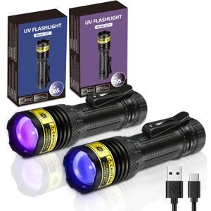 DARKDAWN UV Flashlight 365&395nm Black Light Mini USB Rechargeable Ultraviolet LED Blacklight Woods Lamp Powerful Fluorescent Portable Detector for Pet Urine Stains, Money, Resin Curing2 Pack