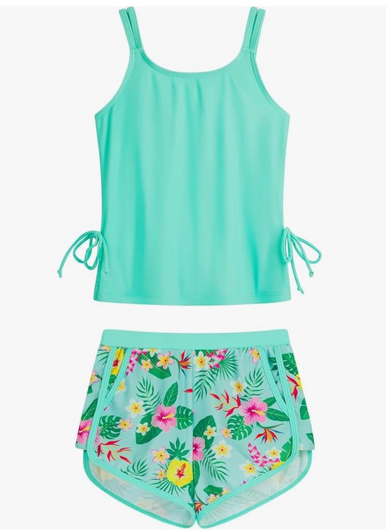 HOZIY Girls Swimsuit Two Piece Tankini Girls Bathing Suit with Boyshort Adjustable Strap Drawstring Kids Swimwear for 14Y