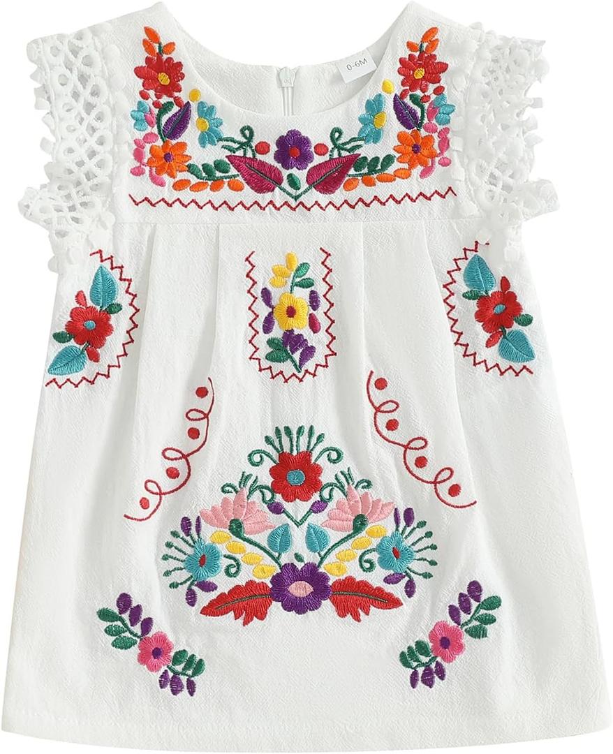 Toddler Baby Girls Mexican Dress Traditional Embroidered Floral Cinco De Mayo Outfit Summer Folklorico Fiesta Dress (6-12 Months, White)