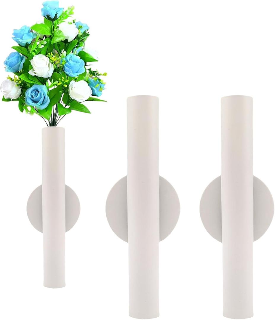 Adhesive Metal Wall Vase Holder - Decorative Tube for Dried/Faux Floral Display, Rust-Resistant Home & Office, Dining Room Also Suitable for Cemetery Memorial Display Decor (2 Pcs White)