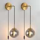 Wall Sconces Set of Two Plug in Wall Sconces  with Globe Smoke Grey Glass Shade Wall Lamp with Cord Wall Sconce Plug in Brushed Brass Gold Plug in Wall Sconces Set of 2 Plug in Wall Light Sconce