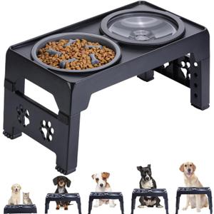 LALOBLUE Elevated Dog Bowls, Raised Dog Bowl with 2 Stainless Steel Dog Food Bowls, Dog Bowls Stand Adjusts to 5 Heights 2.95", 8.46", 9.65", 10.82", 12.01" for Small Medium Large Dogs Cats Pets,Black, No spill water bowl+Slow Feeder