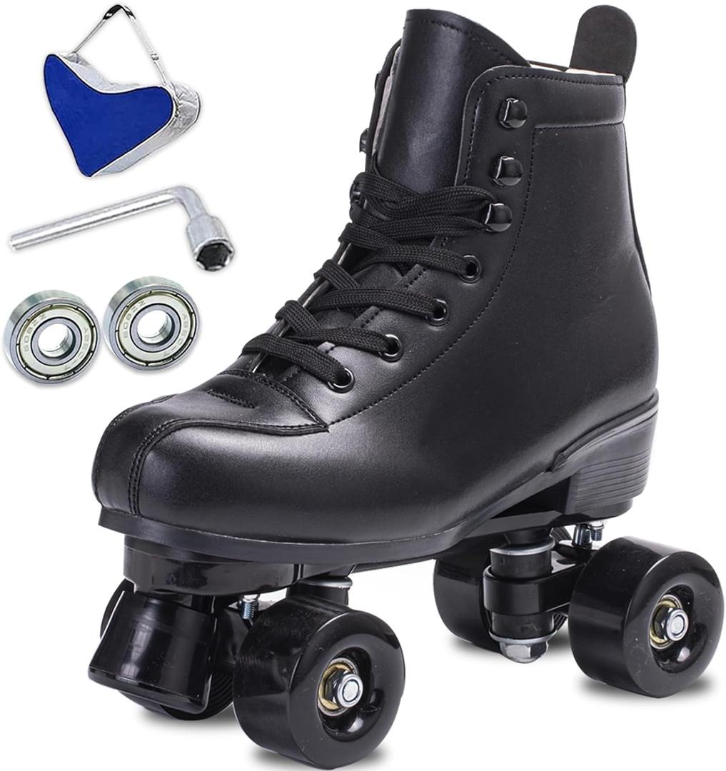 SCNUT Skates Women's Men's High Top Black PU Leather Classic Double Row Adjustable Outdoor Indoor Quad Skates and Roller Derby (Black Wheel, 45-Women's 11 / Men's 10)