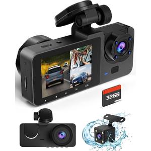 Dash Cam Front and Rear Inside, 4K Full HD Triple Dash Camera for Cars, Car Camera with 32GB Card,Built-in Loop Recording,G-Sensor,24H Parking Monitor,WDR,Accident Lock (Black(X1))