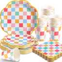 200 PCS Pastel Paper Plates Tableware Set Serves 50 Pastel Gingham Plates Disposable Dinnerware 50 9" Plates 50 7" Plate 50 9oz Cups 50 Napkins for Birthday Baby Shower Wedding