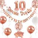 Rose Gold Double Digits Happy 10th Birthday Banner Garland Foil Balloon 10 for Girls Boys 10th Birthday Decorations Hanging 10 and Fabulous Cheers to 10 Years Old Ten Birthday Party Supplies Backdrop