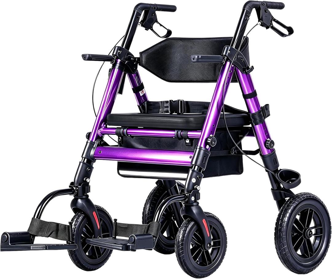 Ambliss 2-in-1 Rollator Walker Transport Chair – Heavy Duty 450 lbs Rolling Walkers with Seat for Seniors, 10" Rear & 8" Front All Terrain Wheels, Adjustable Height, Folding Mobility Aid for Adults