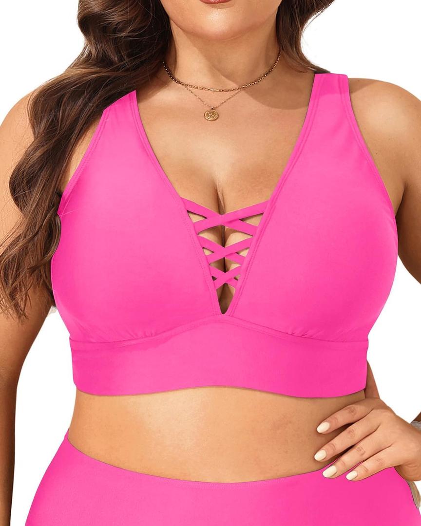 Plus Size Bikini Top Only - Women Swim Bra Lace Up Swimsuit Top V Neck Bathing Suit Tops for Large Bust Swimwear 2025 (Pink) 18W