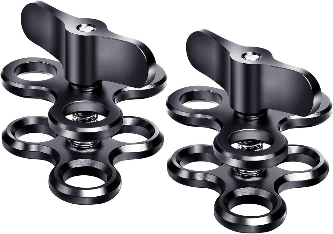 3-Hole 1" Aluminum Underwater Camera Clamp Ball Mount (2-Pack) - Underwater Bracket for Diving Light Arms & Camera Trays, Saltwater-Resistant Adapter for Scuba Photography/Videography Gear (Black)