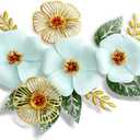 Otoolling 13.7'' Metal Flower Wall Decor, 3D Light Blue & Gold Floral Sculpture with Green Leaves, Hanging Wall Art Accent for Living Room, Bedroom, Bathroom, Home Indoor Outdoor Decoration