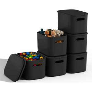 6 Pack Black Storage Bins with Lids for Shelves, Plastic Storage Containers with Lids for Organizing, Stackable Storage Boxes with Handle, Black Storage Bins for Classroom, Craft, Snacks