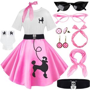 10Pcs Sock Hop Outfits Women, 1950s Poodle Skirts, Poodle T-Shirt with 50s Accessories Socks Scarf Headband Belt Earring (Medium, Pink)
