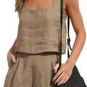 YMING Womens 2 Piece Outfits Summer Sleeveless Solid Color Blouse and Shorts Two Piece Cotton Linen Sets Dark Khaki L (L)