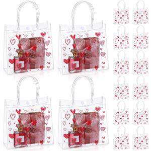 Aliceset 24 Pcs Valentines Goodie Bags Plastic Gift Bags with Handles 7.87 x 7.87 x 3.15 in Galentines Reusable Clear PVC Heart Gift Bag for Valentines Wedding Bridal Party Favors