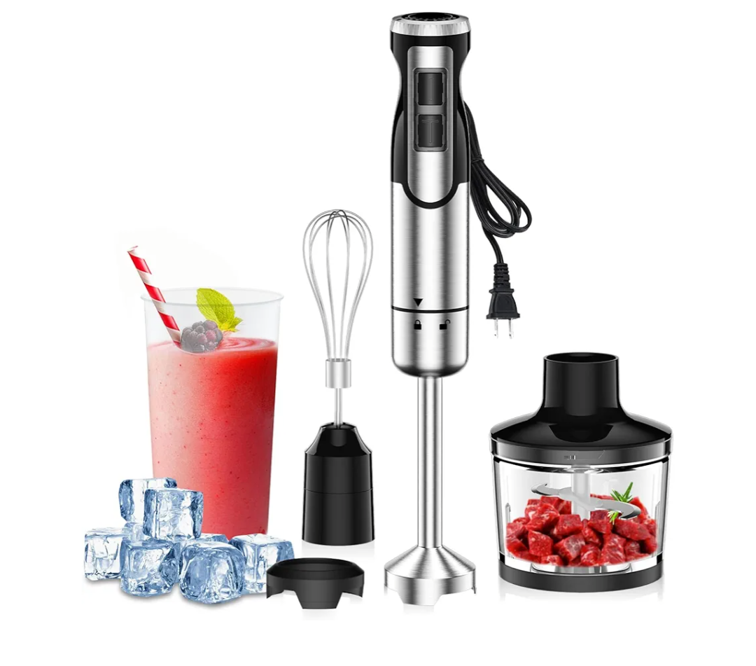 1800W Immersion Blender Handheld 4-in-1 Hand Blender Stick for Ice Crushing Smoothie, Baby Food, Soup, 8 Speed Hand Mixer Turbo Boost Stainless Steel Blade with Whisk, Chopper, Beaker