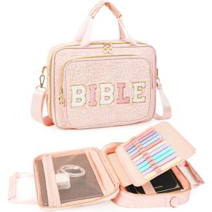 Bible Cover Case for Women Large Bible Bag with Soft Handle & Shoulder Strap, Bible Carrying Case for Women Bible Cover with Multi-Pockets, Bible Holder for Study Supplies Gift for Christian (Pink)
