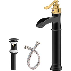 Vessel Sink Faucet 1 Hole, Waterfall Single Handle Bathroom Faucet, Black and Gold Brass Tall Farmhouse Bathroom Faucets with Pop Up Drain Mixer Tap for Lavatory Vintage Antique Washroom (Vessel Sink Mount)
