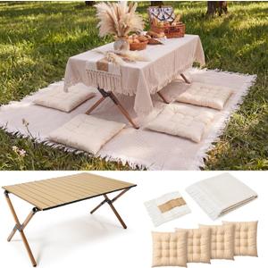 8 Pcs 34" x 23" Low Picnic Table Foldable Lightweight Picnic Table Set with 91'' x 71'' Large Outdoor Boho Camping Blanket Tablecover and Runner 4 Pillows Cushions for Camping Wedding Beach Party