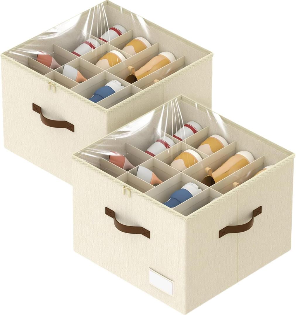 LIKMYPICK Shoe Organizer for Closet, 2 Pack Shoe Organizer with Clear Cover, Closet Shoe Storage Containers w/ Adjustable Dividers, Foldable Storage Bins for Shoes, Fits 16-32 Pairs, Beige
