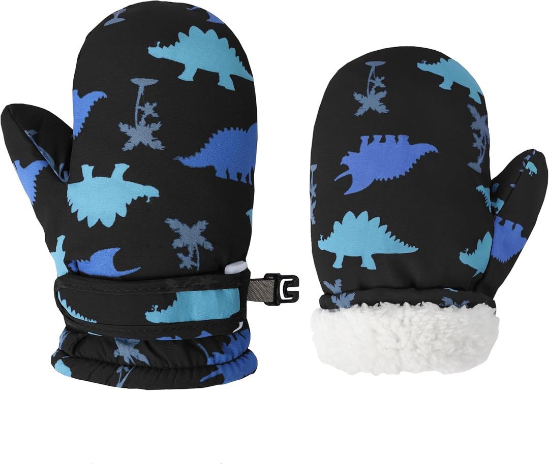 Toddler Mittens Lined Fleece Snow Gloves for Boys Girls Kids Winter Ski Gloves Baby Mittens (2-4 Years, Black Dinosaur)