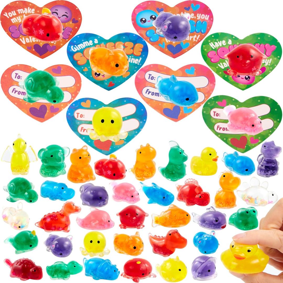 JOYIN 36 Packs Valentines Day Heart Gift Cards with Jelly Mochi, Mini Critter Sea Animals Squeeze Balls, Stress Relief Fidget for Valentines Party Favors and Exchange