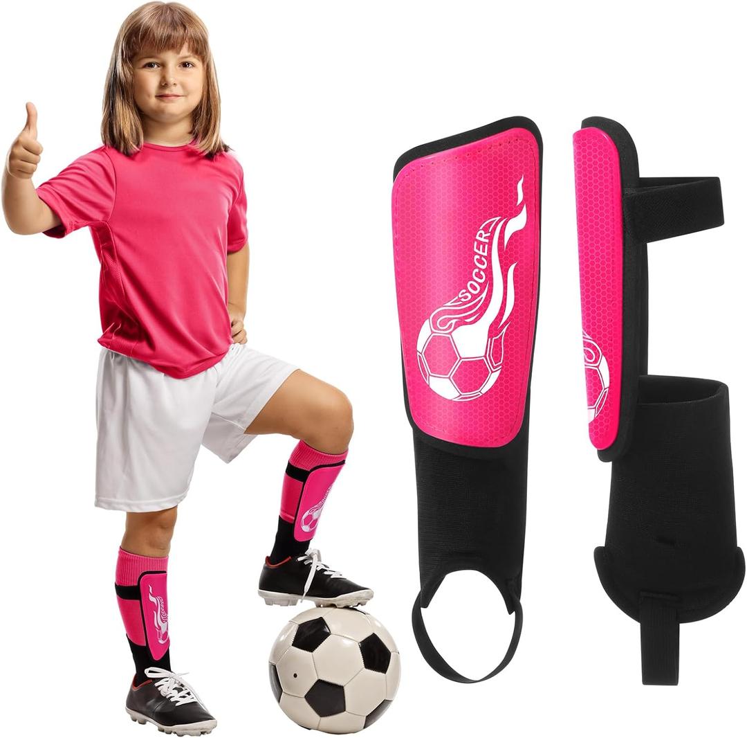 Soccer Shin Guards and Socks Kids Youth Lightweight Soccers Pads Defender with Ankle Protection Ski Shin Guards Football Equipment for Age 4-14 Toddler Boy Girl (Medium, Rose Red)