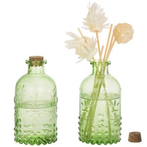 MyGift Vintage Embossed Green Glass Small Reed Diffuser Bottle with Cork Lid, Decorative Flower Bud Vase, Set of 2