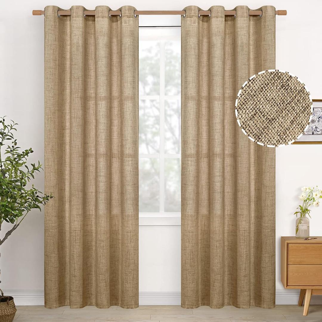 YoungsTex Burlap Linen Curtains 84 Inch Length for Living Room, Textured Tan Semi Sheer Drapes with Bronze Grommet Light Filtering for Farmhouse Bedroom, Toffee, 2 Panels, 52 X 84 Inch