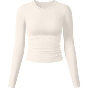 OQQ Womens Shirts Long Sleeve Crew Neck Ruched Stretch Basic Fitted Tee Shirts Tops Beige, L
