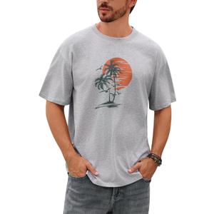 ODIZLI Mens Summer T-Shirts Short Sleeve Tropical Palm Trees Beach Island T-Shirt Crew Neck Basic Tee Shirts (X-Large, Gray)