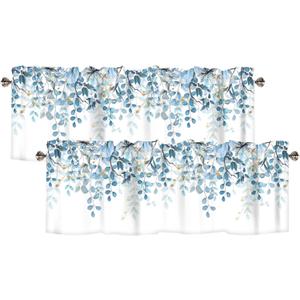 AYTTBIS Blue Eucalyptus Leaves Curtain Valance for Windows Watercolor Window Treatments 2 Panels Short Curtains for Kitchen Windows Bathroom Bedroom, 42 x 12 Inch
