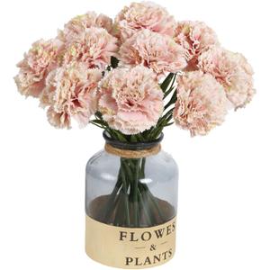Light Pink Artificial Carnation Silk Flowers 15pcs Fake Carnation Pink Artifcial Flowers with Stems for Home Decor Wedding Bridal Bouquet Anniversary Birthday Floral Arrangements (Light Pink