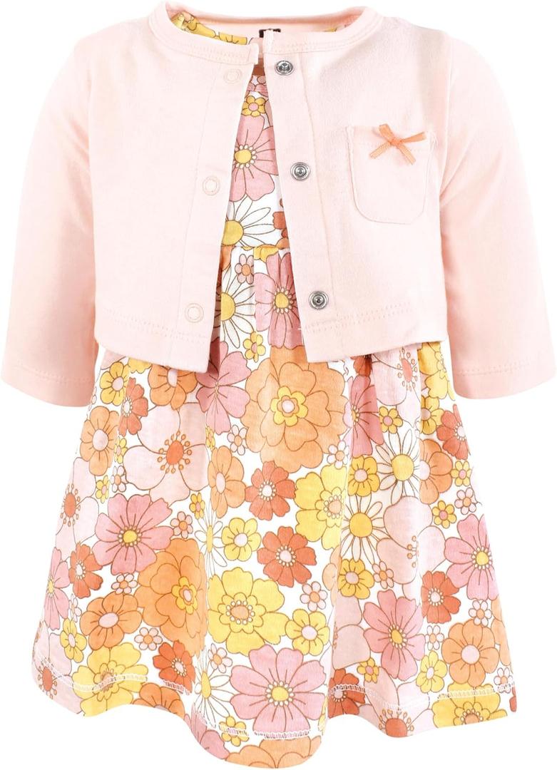 Hudson Baby Infant and Toddler Girls Cotton Dress and Cardigan Set (9-12 Months, Peach Love and Flowers)