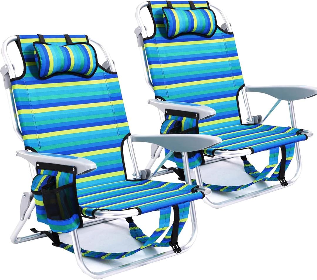 2 Pack Lightweight Portable Camping Beach Chair for Adults, Outdoor Lay Flat Folding Beach Chairs with 5 Positions, Backpack Beach Chair with Towel Bar, Zipper Pouch, Cup Holder, Ocean Striped