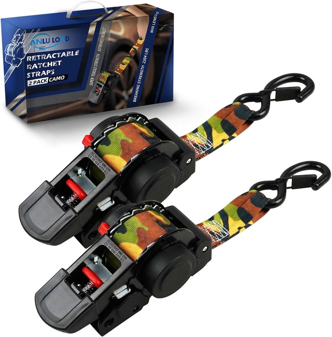 ANLULOAD 2 Packs Retractable Ratchet Straps (1.5in x 12.3ft),Cargo Strap Tie Downs for Trunk, Garage Motorcycles, Atvs,Trailers-WLL1,102LbS,BS:2,204LbsCamouflage Colour