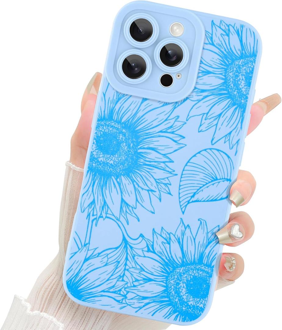 Fiyart Designed for iPhone 16 Pro Max Case Cute Flower Floral Sunflowers Design,Soft Slim TPU Anti-Scratch Phone Cover for Women Girls 6.9"-Blue