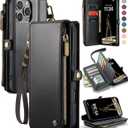 Defencase Compatible with iPhone 16 Pro Case Wallet with RFID Blocking Card Holder for Women Men, Soft PU Leather Magnetic Snap Flip Zipper Strap Wallet Phone Case Fit for iPhone 16 Pro 6.3", Black