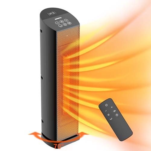 QOWETU Space Heater for Indoor Use with Remote - 70° Oscillating Tower Electric Heater, 24 Inchs, 12H Timer, 1500W Quiet PTC Ceramic Heating with Thermostat, Fast Safety Heat for Office, Home, Bedroom