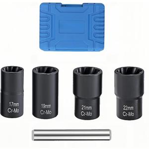 5PCS Lug Nut Removal Tool, 17/19/21/22MM Impact Bolt Extractor Set, CR-MO Steel Wheel Lock Removal Kit for Damaged/Rusted Nuts, Compatible with 1/2" Drive Impact Wrench