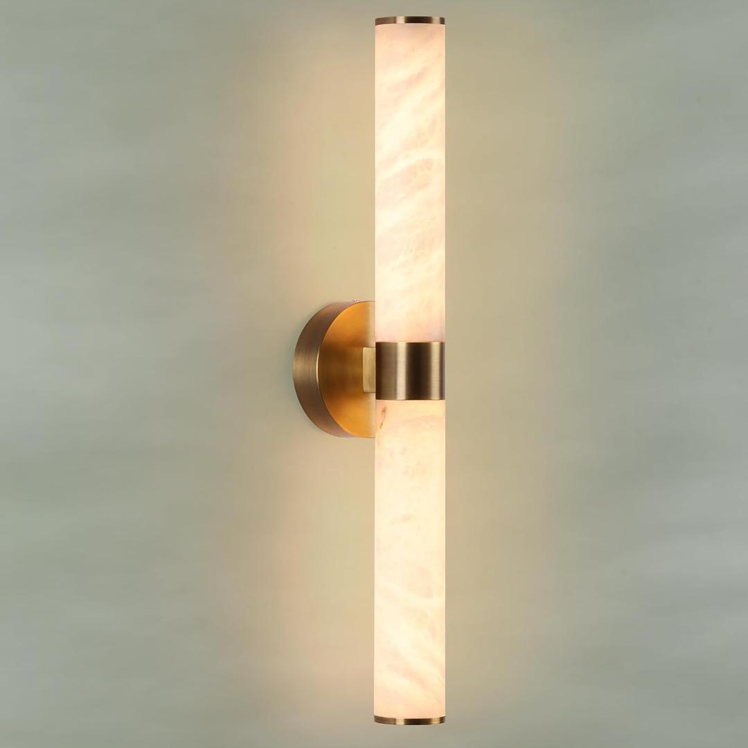 Alabaster Wall Sconce, Solid Brass Sconce with Natural Spanish Alabaster, 23.8 in Vanity Lights for Bathroom, LED Hardwired Wall Lamp for Living Room Bedroom Dining Room Staircase Hallway, 23.8 in-1 Pack