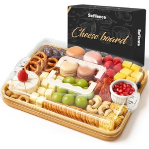 Charcuterie Board with Lid and Handle, Portable Bamboo Snackle Box, Build-a-Board Cutting with Compartments for Charcuterie Snacks Parties,Travel,Picnics, Ideal Gift (White) (15.2"L x 11.3"W)