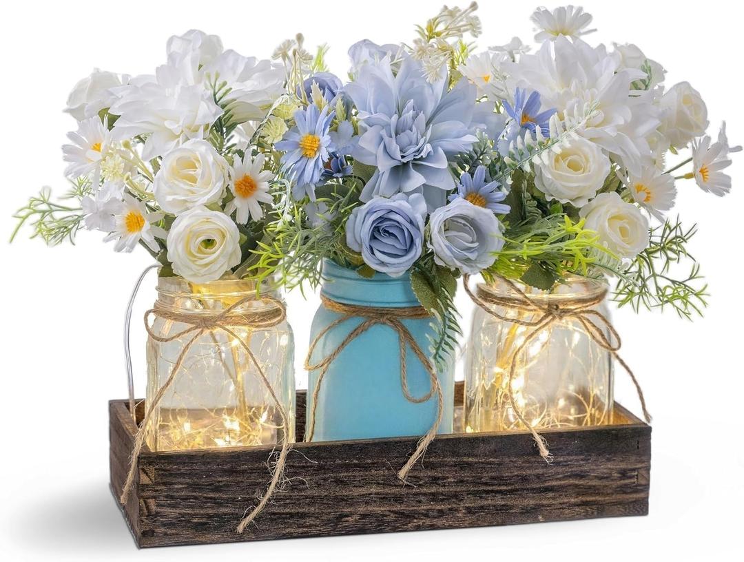 LUEUR 3PCS Artificial Flowers Blue Dahlia in Mason Jars with Wood Tray for Dining Table Coffee Table Farmhouse Home Decor Centerpieces Spring Decor Perfect for Kitchen, Living Room, Bathroom