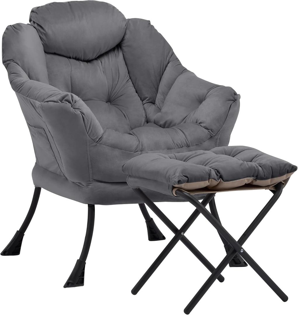 Lazy Chair with Ottoman, Comfy Accent Lounge Chair with Side Pocket, Modern Reading Armchair with Footrest, Upholstered Sofa Chair for Small Spaces, Bedroom, Living Room, Dorm, Darkgrey
